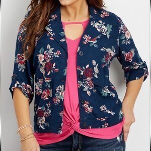 Maurice's | Floral Print Linen Blend Jacket Button Down Lightweight Travel 20/22